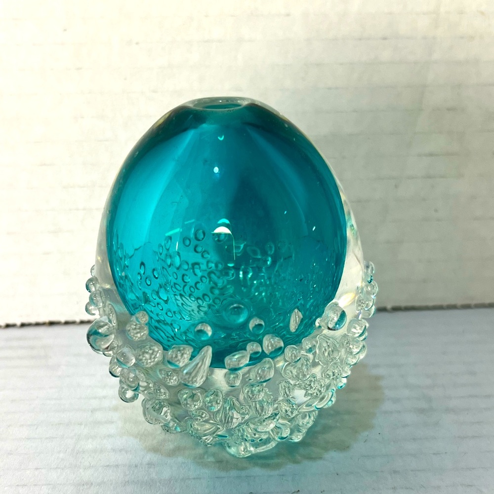 Vintage Glass Teal Egg Shaped Clear Multi Color  Paperweight Art Hand Glass